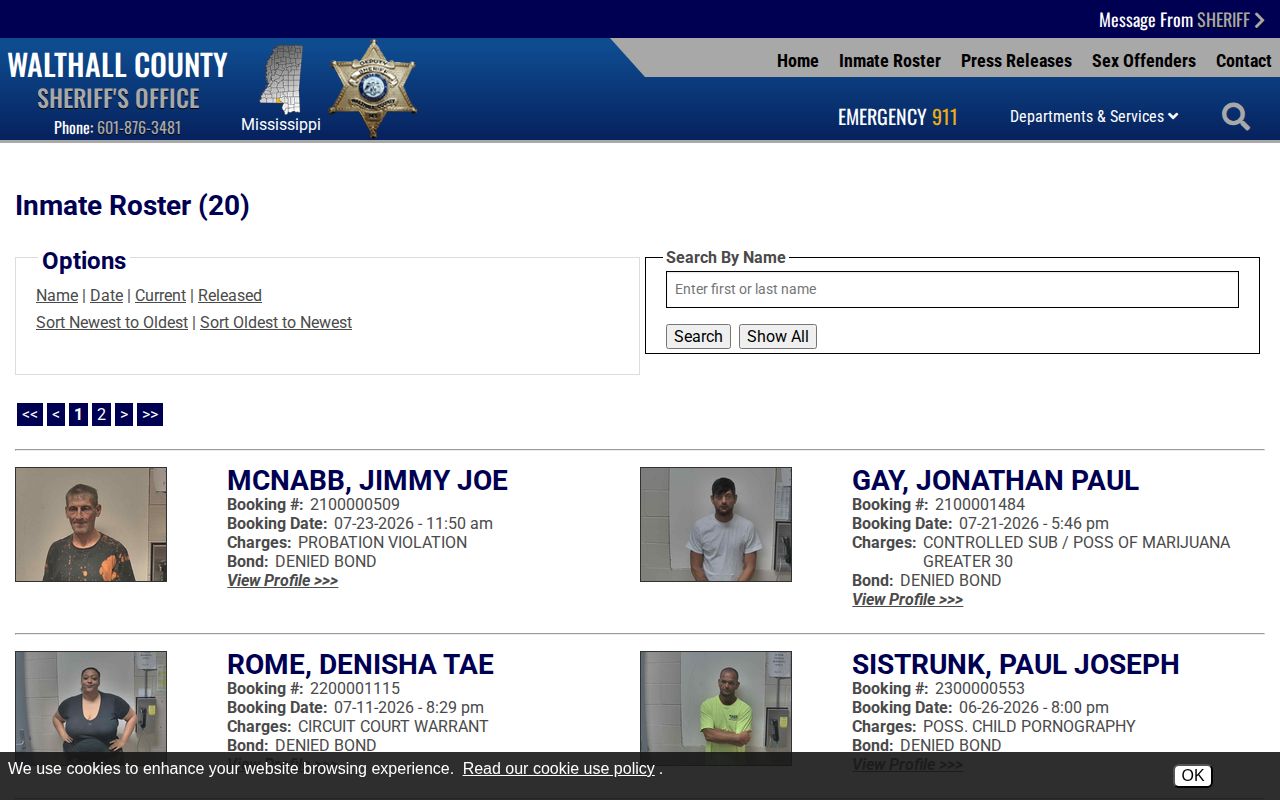 Walthall County current roster contrasted with 72-hour release records